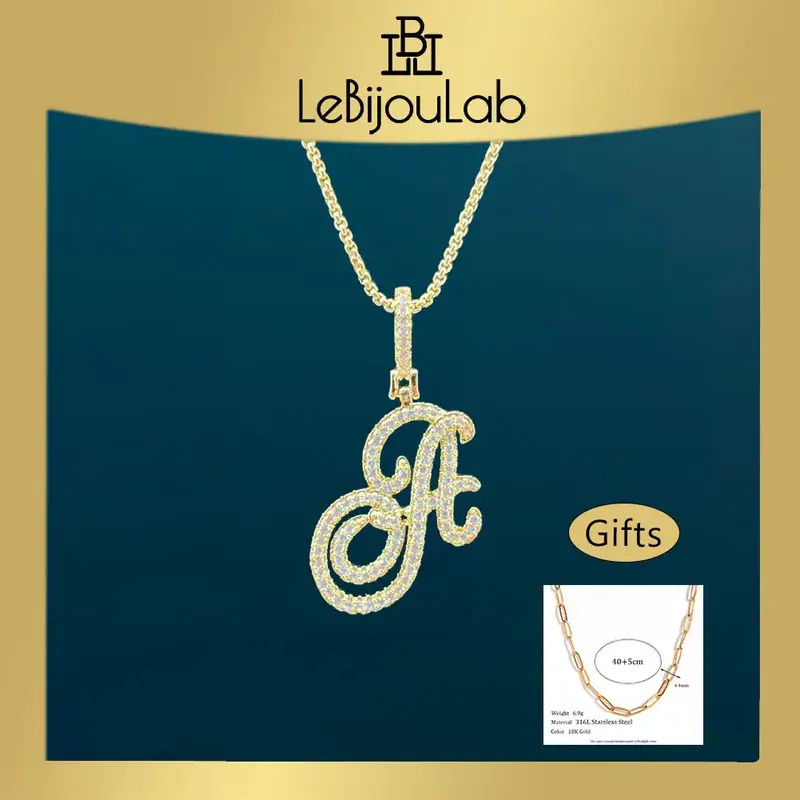 [LeBijouLab] [Buy 1 Get 1 Extra Paper Clip Chain] A-Z Golden Cursive Initial Letter Necklace For Women | Cubic Zirconia Stone...