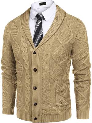 Shawl Collar Button Down Knitted Sweater with Pockets (US Only), Khaki / XXXL