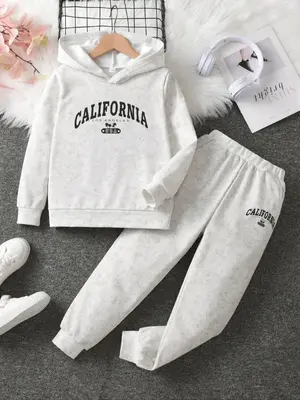 Two-piece Set Girl's Letter Print Hoodies & Elastic Waist Pocket Sweatpants Set, Casual Long Sleeve Hooded Pullover & Jogger ...