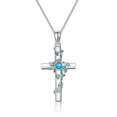 Sterling Silver Circular Shaped Turquoise Ivy & Cross Pendant Necklace