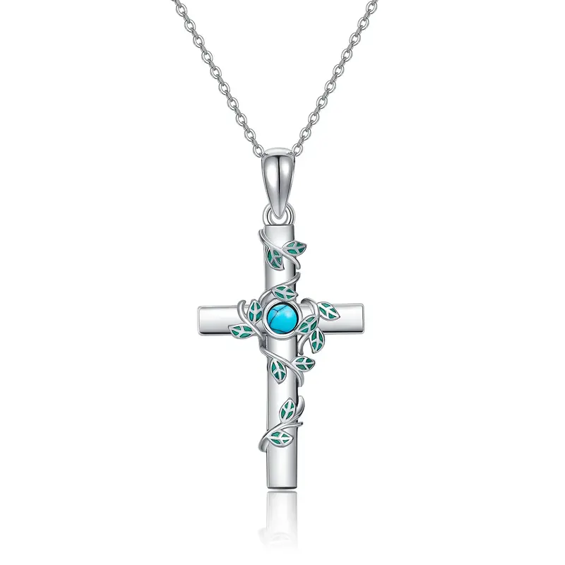 Sterling Silver Circular Shaped Turquoise Ivy & Cross Pendant Necklace