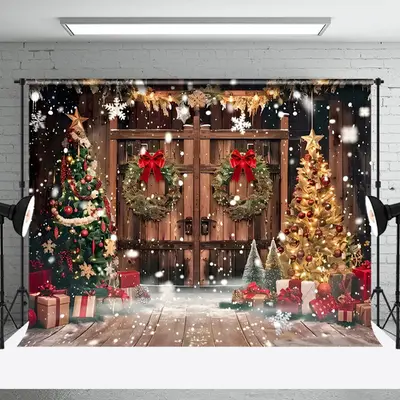 Aperturee Bow Wreath Barn Door Christmas Photo Backdrop