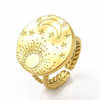 Ion Plating(IP) 304 Stainless Steel Sun & Moon Planet Open Cuff Ring for Women