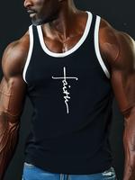 Men's Letter Print Contrast Binding Sports Tank Top, Regular Fit Sporty Casual Round Neck Sleeveless Top, Workout Clothes, Ru...
