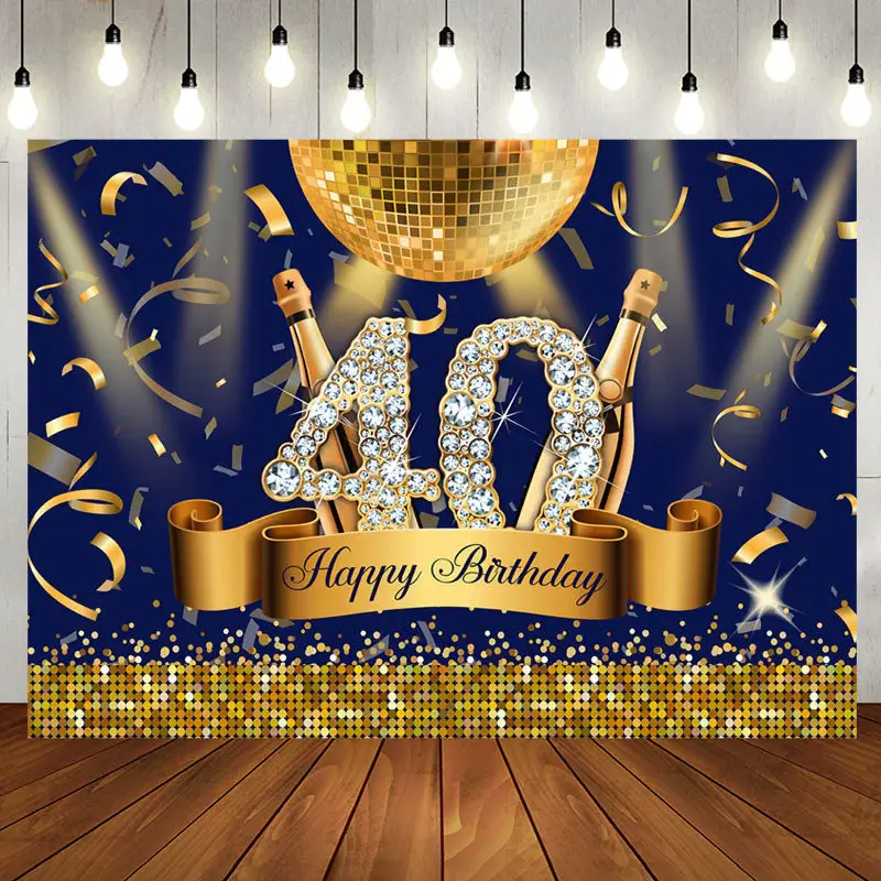 Navy Blue Gold Party Light Ball 40 Birthday Backdrop - Aperturee