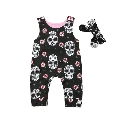Baby Girls Floral Sugar Skull Black Cotton Sleeveless Romper and Headband 2pcs Halloween Outfit