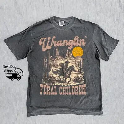 Retro Wranglin' Feral Children Raccoon 90s Western Graphic Shirt, Vintage Western Raccoon Dessert Tee, Cool Teenager Gift, Wo...