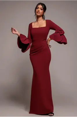 Goddiva Petal Bow Sleeve Frill Maxi Dress - Wine