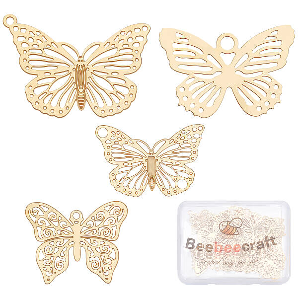 Beebeecraft 40Pcs 4 Styles 18K Gold Plated Butterfly Charms Butterfly Filigree Connectors Pendants for DIY Jewelry Making Nec...