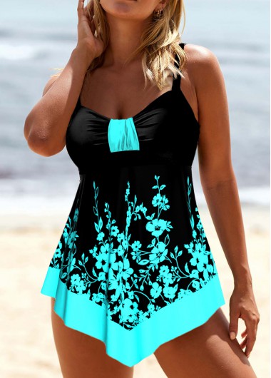 Modlily Patchwork Floral Print Black Tankini Set - S