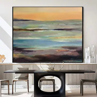 Large Abstract Landscape Painting: Ocean Wall Art in Blue, Brown and Orange Colors as Minimalist Artwork for Living Room Wall...