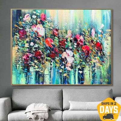 Extra Large Flowers Paintings On Canvas Purple Painting Green Modern Textured Painting Oil Painting Modern Decor | COLORFUL F...
