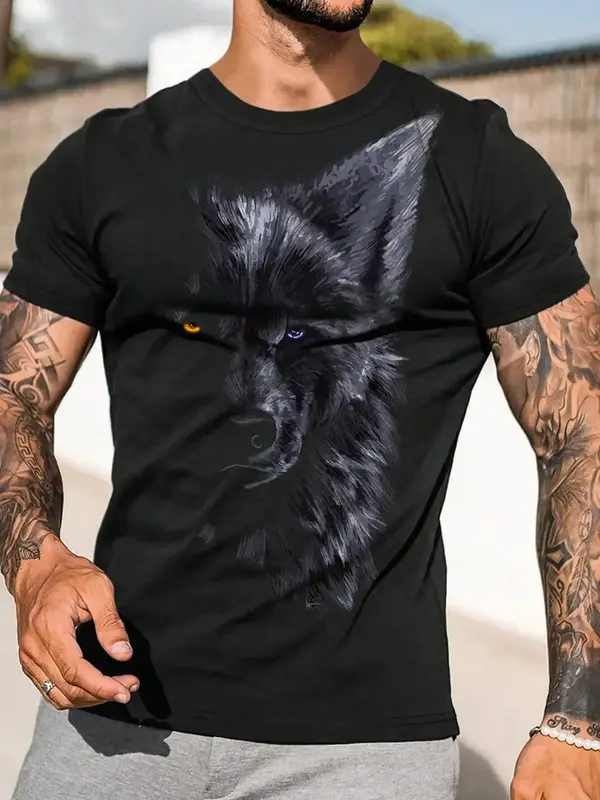 Men's Wolf Print Round Neck Tee, Summer Clothes, Casual Regular Fit Short Sleeve Crew Neck T-Shirt for Summer, Fashion Men's ...