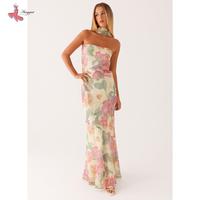 Women Floral Off Shoulder Long Tube Dress With Scarf body  con