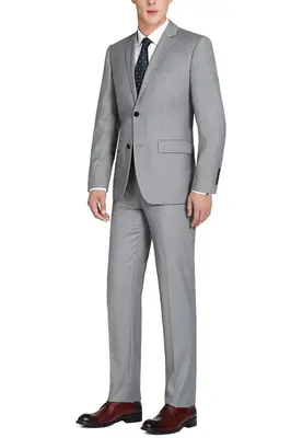 Light Grey Slim Fit Wool Suit for Men - Basic Two Button with Optional Vest