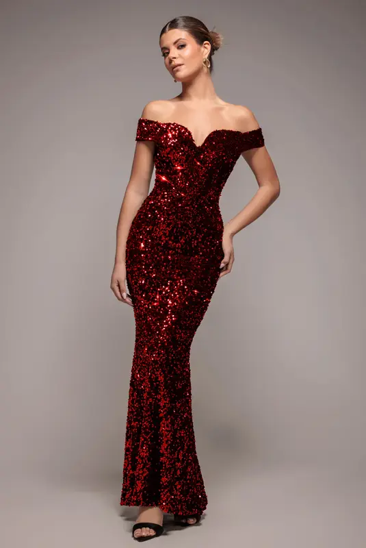 Goddiva Sequin Velvet Bardot Evening Maxi Dress - Red