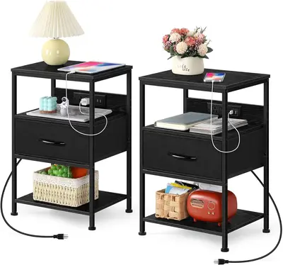 2 Packs Nightstand with Charging Station Black Bed Side Table with Fabric Drawer Storage Shelf Modern End Table with USB Port...