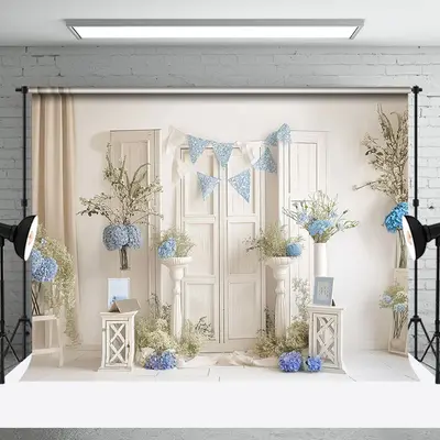 Vintage White Room Blue Floral Cake Smash Backdrop