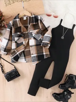 Two-piece Set Girl's Solid Button Front Flap Detail Shirt & Plaid Print Cami Jumpsuit Set, Casual Long Sleeve Collared Top & ...