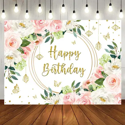 Aperturee Pink White Floral Gold Glitter Birthday Backdrop