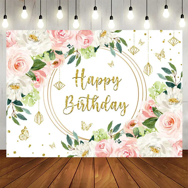 Aperturee Pink White Floral Gold Glitter Birthday Backdrop