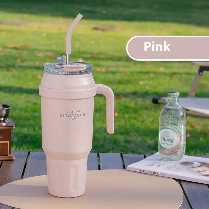 Stainless Steel Double-layer Vacuum Large Capacity Outdoor Portable Insulation Cup | Color: Pink | Capacity: 1400ml