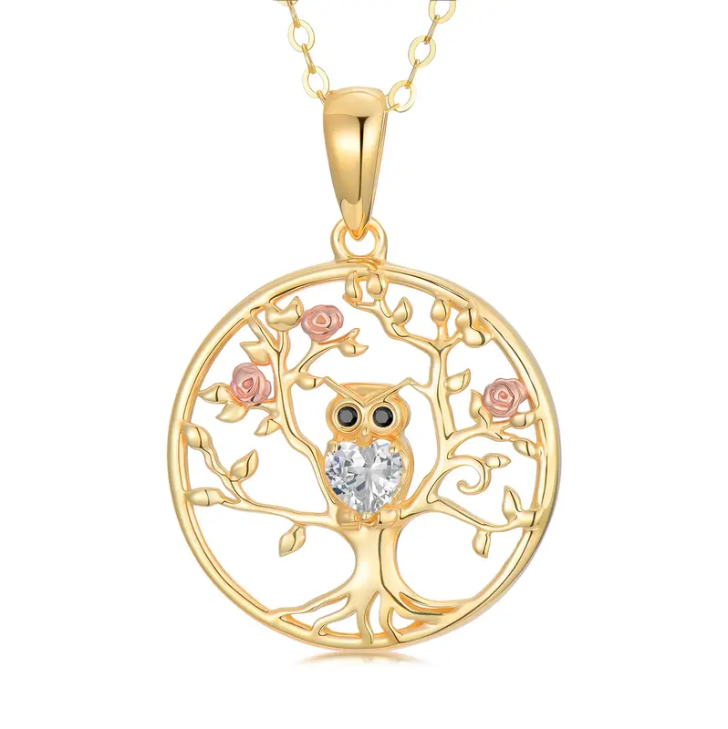 14K Silver & Rose Gold Cubic Zirconia Owl & Tree Of Life Pendant Necklace