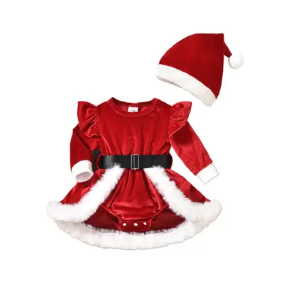 Infant Baby Girl Christmas Outfit Santa Romper Dress Long Sleeve Fur Trim Velvet Xmas Princess Dresses