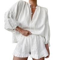 Women Summer Shorts Outfits Solid Color Long Sleeve Tie-Up V-Neck Shirts Tops Elastic Waist Shorts 2 Pieces Clothes Set 2 pie...