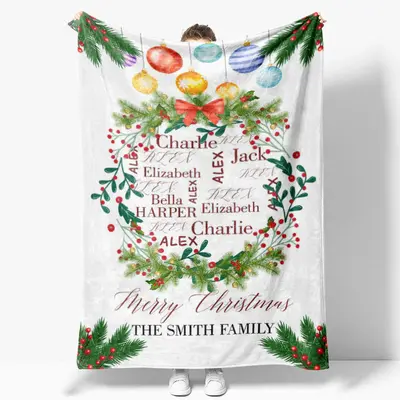 Custom Name Bauble Wreath Family Christmas Blanket - Aperturee