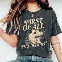 First Of All I'm A Delight Shirt, I'm A Delight Vintage Tee, Sarcastic Women Graphic Printed Tee, Funny Angry Opossum Unhinge...