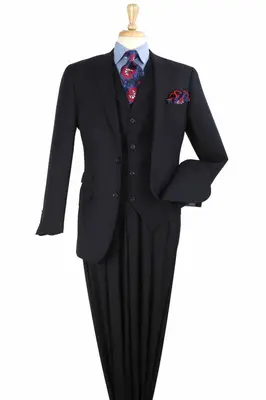 Navy Blue Men's Wool Suit with Double Breasted Vest - Two Button Classic