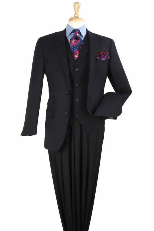 Navy Blue Men's Wool Suit with Double Breasted Vest - Two Button Classic