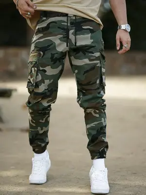 Men's Camo Print Drawstring Waist Cargo Pants, Street Fashion Casual Multi-Pocket Trousers for Daily Wear, Men's Bottoms for ...