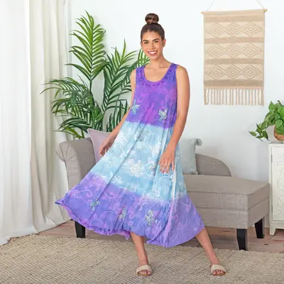 Long Floral Butterfly Maxi Dress - Dip-Dye Purple & Blue - Plus