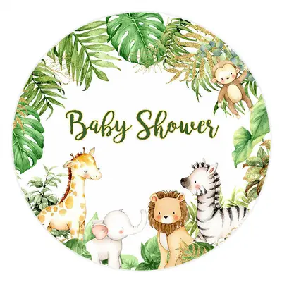 Aperturee Glitter And Green Leaves Round Animals Baby Shower Backdrop | Round Backdrop Fabric Cover | Round Party Backdrop | ...