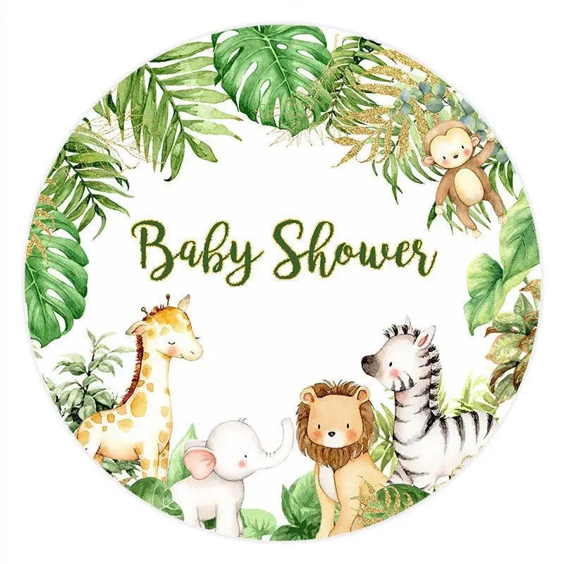 Aperturee Glitter And Green Leaves Round Animals Baby Shower Backdrop | Round Backdrop Fabric Cover | Round Party Backdrop | ...