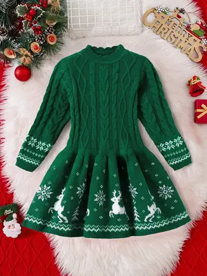 Girl's Christmas Print Mock Neck Sweater Dress, Casual Long Sleeve Scallop Trim Knitting Dress for Fall & Winter, Kids Clothe...