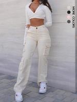 Women's Plain Flap Pocket Cargo Pants, Street Fashion Casual Button Fit Trousers for Daily Wear, Ladies Bottoms for Fall & Wi...