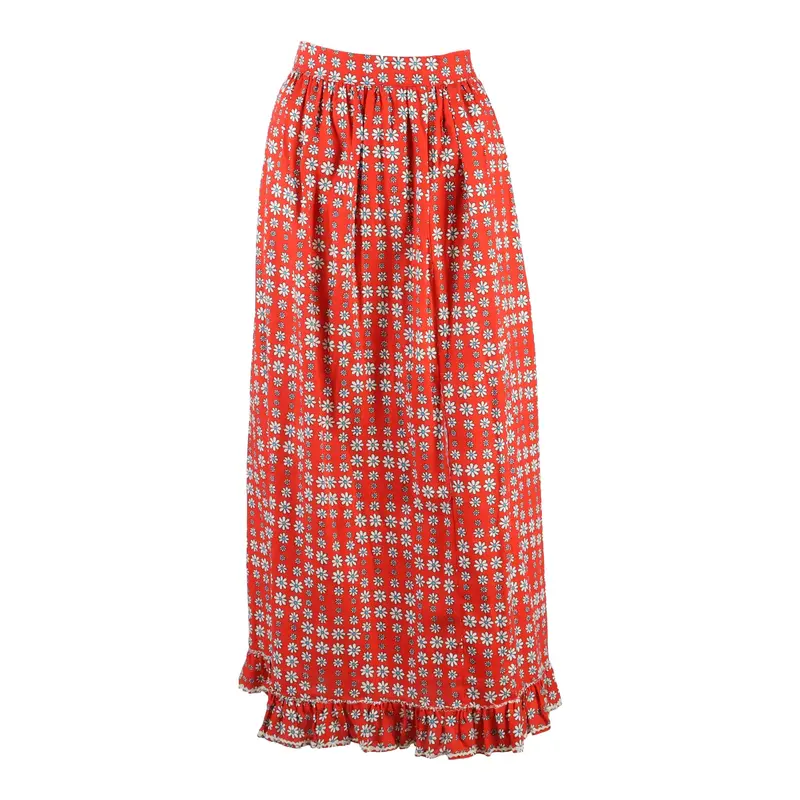 Womens Peasant Skirt Red Long Floral XS
