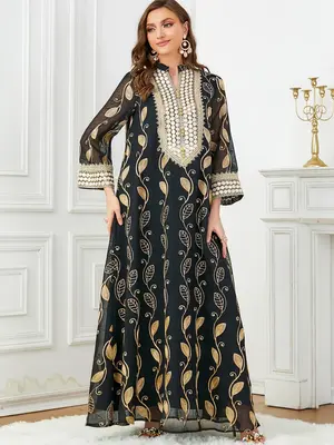 Arabic Clothing-Luxury Embroidered Notched Neck Long Sleeve Dress, Elegant All Over Print Long Dress for Women, Women's Islam...