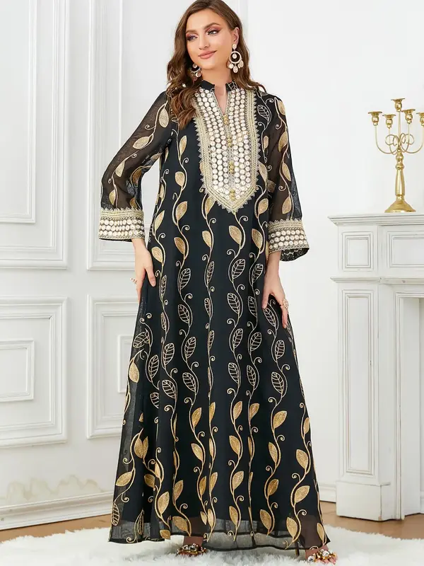 Arabic Clothing-Luxury Embroidered Notched Neck Long Sleeve Dress, Elegant All Over Print Long Dress for Women, Women's Islam...