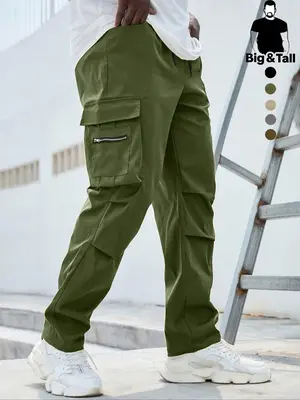 Men's Plus Size Plain Drawstring Waist Cargo Pants, Casual Pocket Design Trousers for Daily Wear, Streetwear Men's Bottoms fo...
