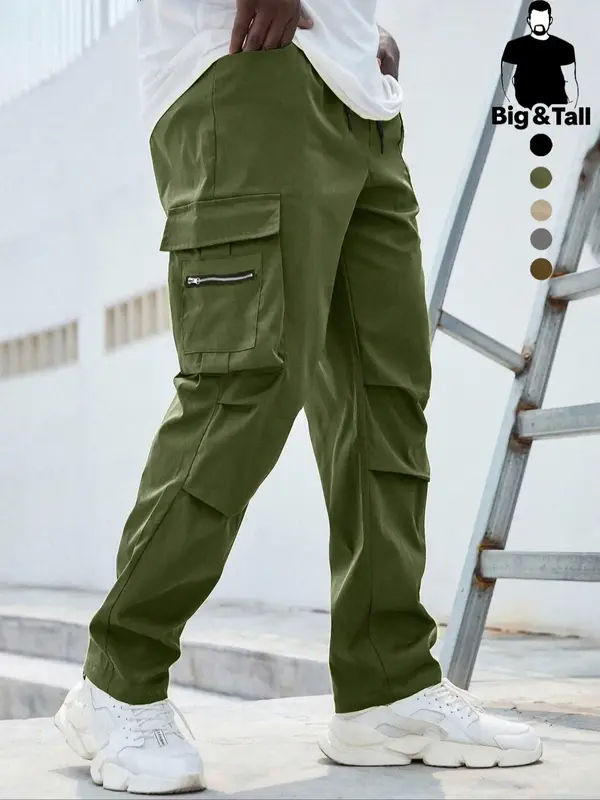 Men's Plus Size Plain Drawstring Waist Cargo Pants, Casual Pocket Design Trousers for Daily Wear, Streetwear Men's Bottoms fo...