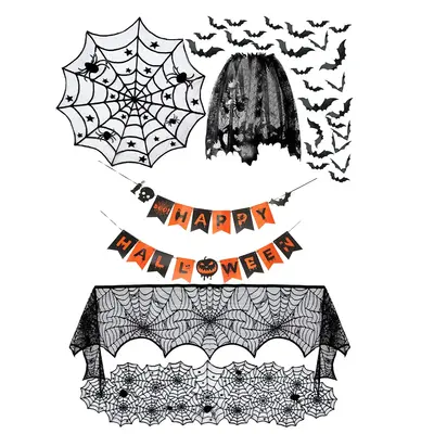 Spooky Bat & Spider Web Design Lace Curtain, 1 Count Gothic Style Short Curtain, Window Screening for Home Living Room Bedroo...