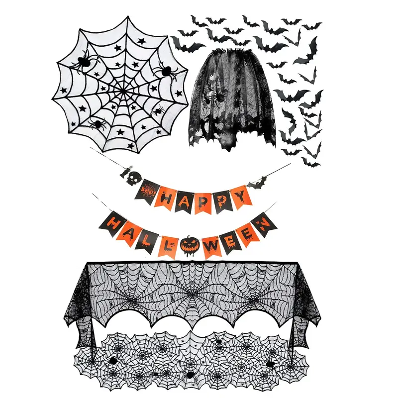 Spooky Bat & Spider Web Design Lace Curtain, 1 Count Gothic Style Short Curtain, Window Screening for Home Living Room Bedroo...
