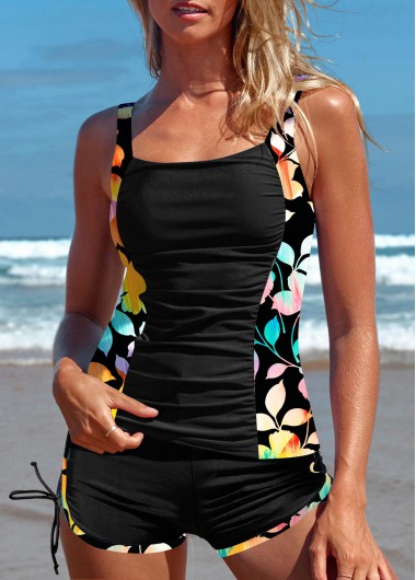 Modlily Patchwork Mid Waisted Floral Print Black Tankini Set - M
