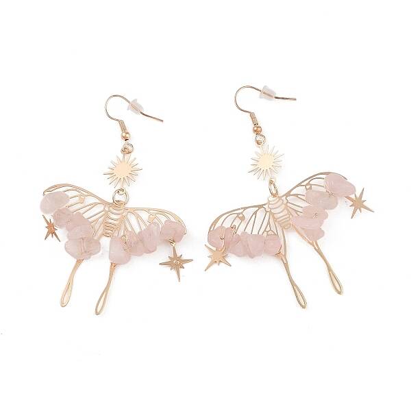 Natural Rose Quartz Gemstone Chips Dangle Earrings