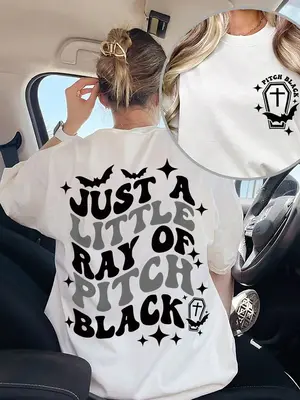 Women's Letter & Bat Print Round Neck Tee, Casual Short Sleeve Crew Neck T-shirt for Summer, Fashion Women's Top for Daily We...