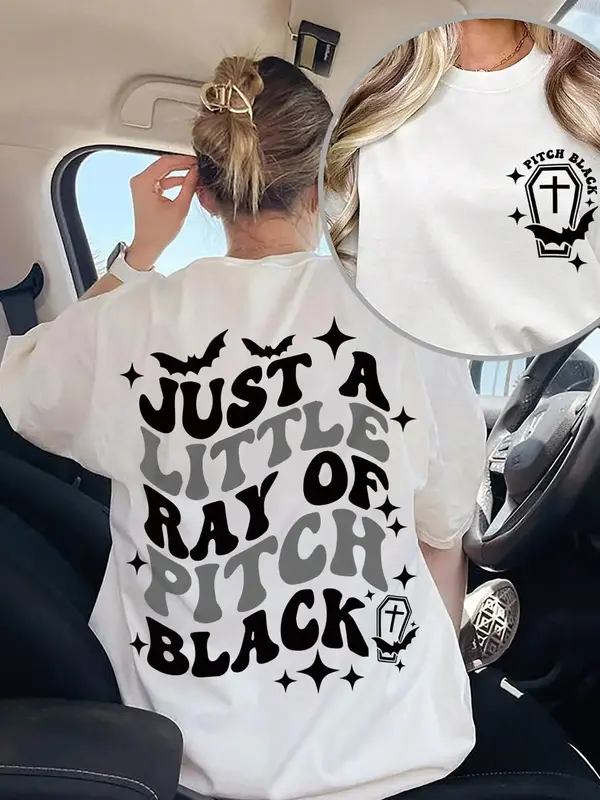 Women's Letter & Bat Print Round Neck Tee, Casual Short Sleeve Crew Neck T-shirt for Summer, Fashion Women's Top for Daily We...